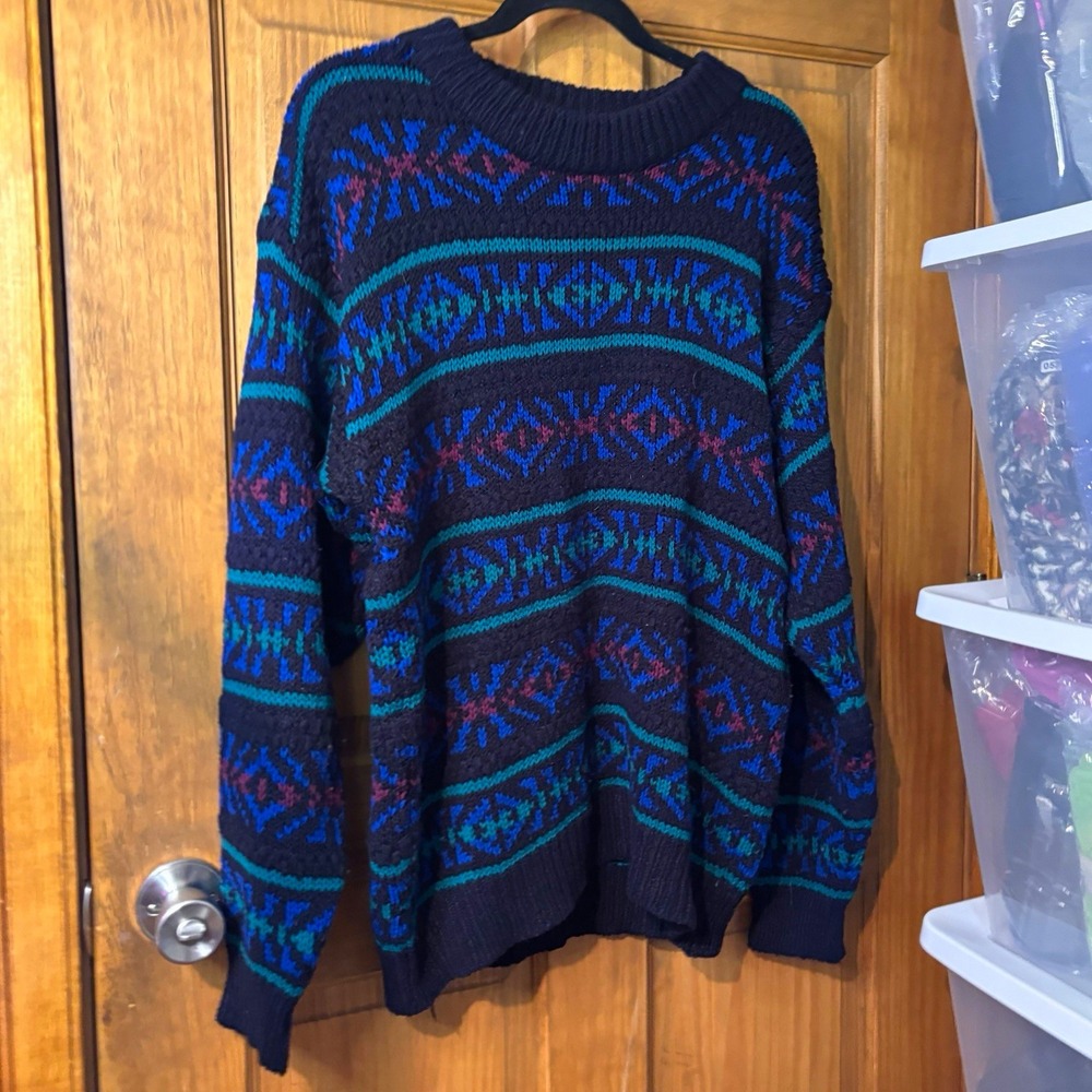 Vintage Geometric Fair Isle Chunky Knit Sweater Slouchy Coosoon Blue Teal Unisex